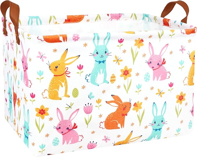Large Rectangular Easter Baskets Empty Waterproof Boy Toy Box Foldable Kid's Gifts Storage Bin Spring Room Decor(Flower Rabbit Egg)