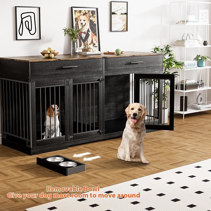 Rophefx 72" Double Dog Crate Furniture with Drawers and Divider, Black | Wooden dog kennel for 2 medium dogs with 2 drawers, removable divider, 4 bowls and TV stand top
