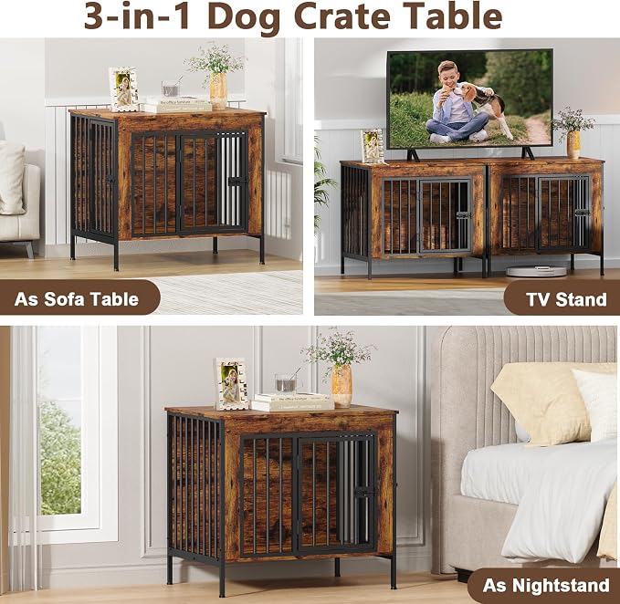 EasyCom 28.15" Dog Crate Furniture for 1 or 2 Dogs, Brown | Fits Dogs 0–20 lbs, Heavy Duty Indoor Kennel, Works as TV Stand for Small Pets