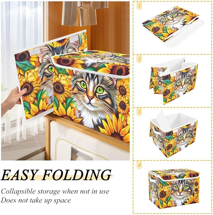 Sunflower Cat Storage Bins with Lids Closet Bedroom 40L Storage Basket | Decorative Storage Boxes, Foldable & Stackable, Dust-Proof Flip Top, Reinforced Handles, For Home & Dorm, Clothes & Toy Box