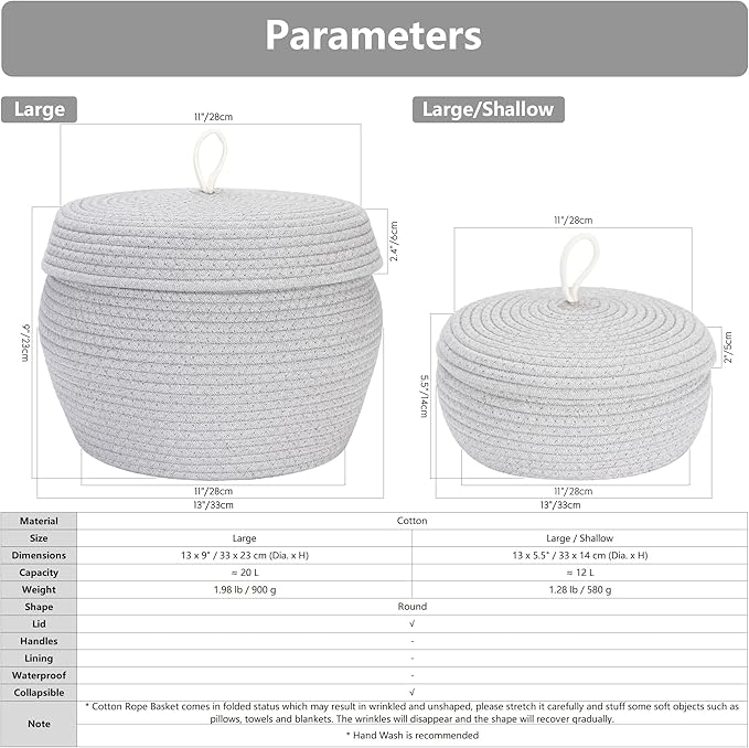 Sea Team Round Woven Cotton Rope Storage Basket with Lid, Khaki | Lidded Knitted Decorative Storage Bin, Pot, Caddy, Organizer, Container for Snacks, Towels, Plants, 13 x 5.5 Inches