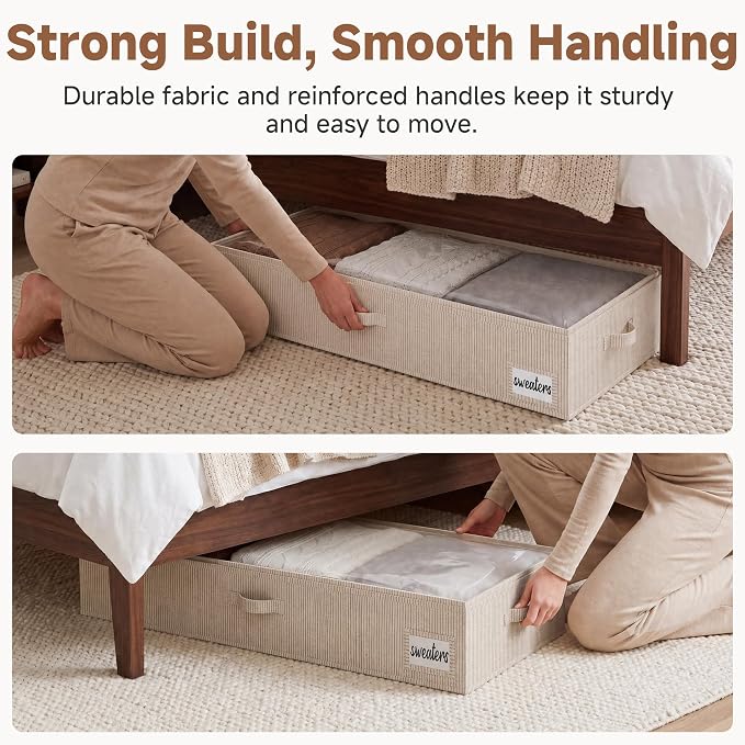 StorageWorks 7 Inch Low Profile Under Bed Storage Containers with Clear Lid | Reinforced Structure, Resists Sagging, Handles & Label Holder, Foldable Stackable Closet Storage for Clothes, Blankets, Toys