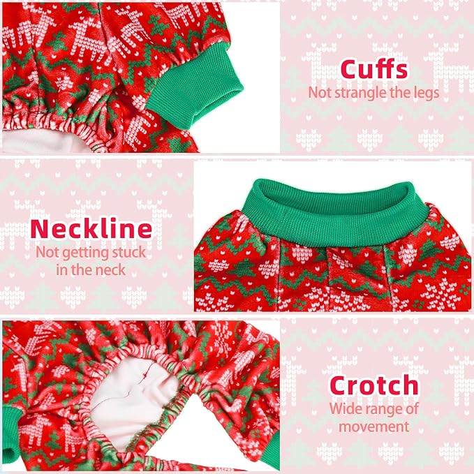 PUPTECK Soft Fleece Dog Pajamas for Small Medium Dogs, Dog Onesie Puppy Sweaters Clothes Jumpsuit Pjs, Cute Jammies Cat Coat Pet Costume Apparel, Red&Green XL