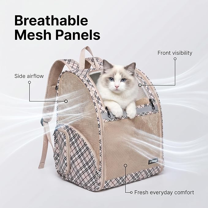 Cat Backpack Carrier for Small Dogs and Medium cat Puppy Kitten Bunny Pet Carrier Backpack Collapsible with Fully Ventilated Mesh with Safety Leash (Khaki, 12.9" L x 10.62" W x 15.5" H - M)