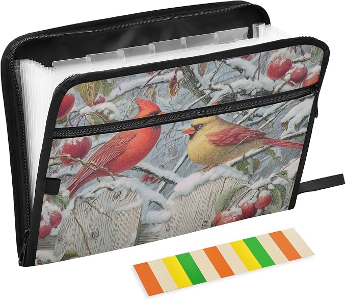 Cardinals Among Snow-Covered Apples Expanding File Folder with Sticky Labels, 13 Pockets Accordion File Folder Document Organizer Expandable Zip File Folder with Zipper Closure