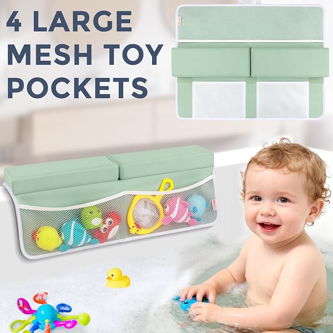 Bath Kneeler and Elbow Rest Pad Set, 1.5” Thick Bathtub Kneeling Mat | Cozy Memory Foam, Non-Slip 6 Suction Cups and 4 Toys Organizer Pockets, Quick-Dry Bath Kneeling Pad for Babies Toddlers