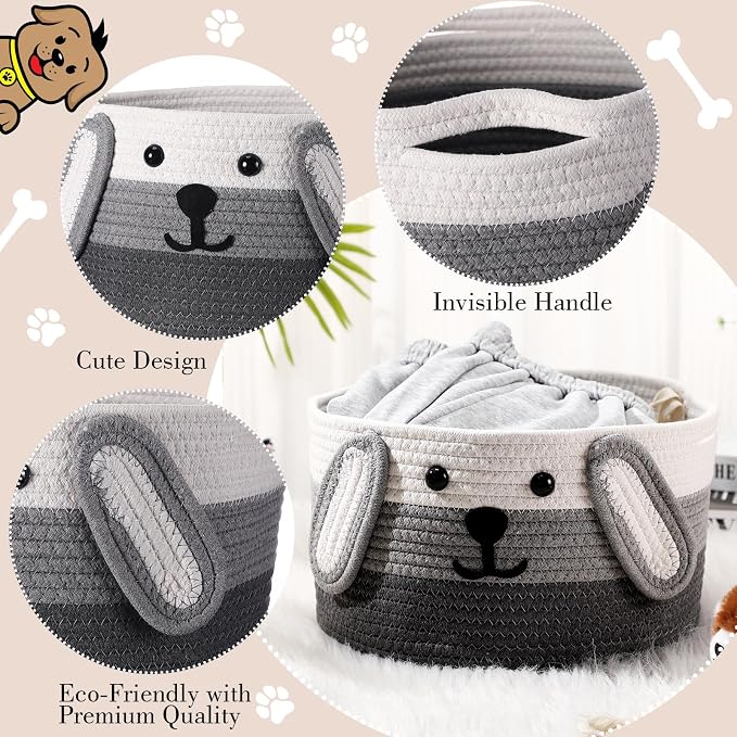 Zopeal Dog Woven Basket, 11.8" D x 6.7" H Cotton Rope Toy Storage Organizer, Dog Mom Gift Empty, Cute Laundry Puppy Gift Animal Basket for Clothes, Towels, Toy, Laundry, Bathroom, Home(White, Gray)