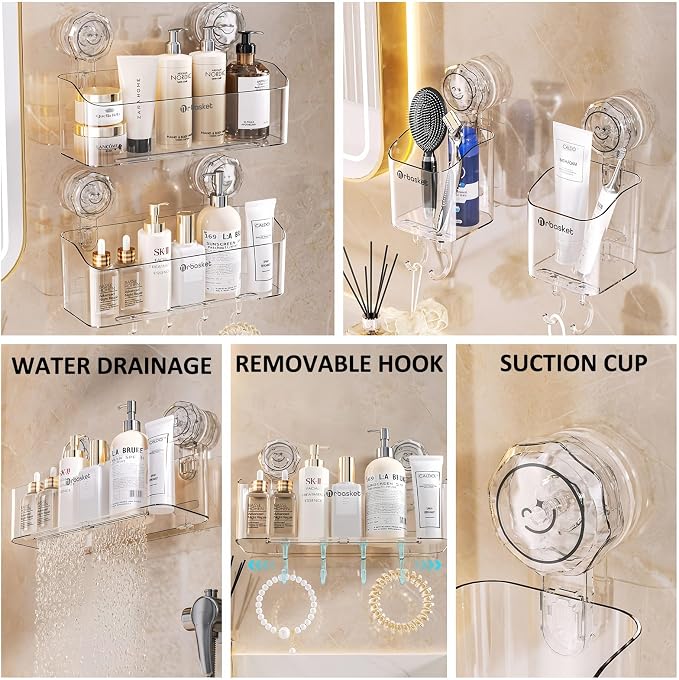 2-Pack Suction Cup Shower Caddy Set, Wall Mounted Suction Rack, Bathroom Shower Shelf Basket Set with Shower Organizer and Toothbrush Holder (No Drilling Required)