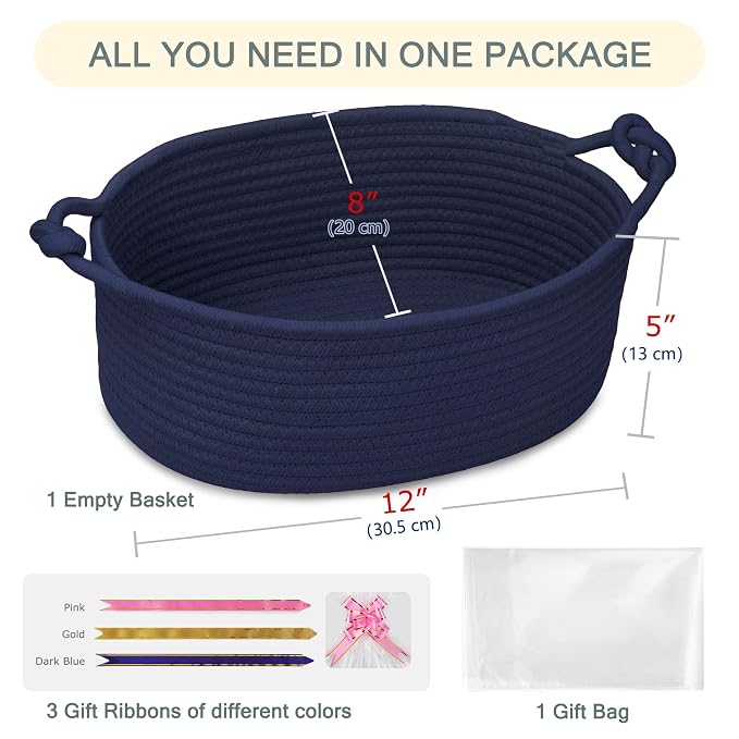 COMSE Small Gift Basket Empty with Bag & Ribbons, Solid Navy Blue | Cotton Rope, 12"x 8"x 5", Pet Toy Storage Organizer, Woven Basket for Birthdays, Baby Showers, Mother’s Day, Valentine’s Day