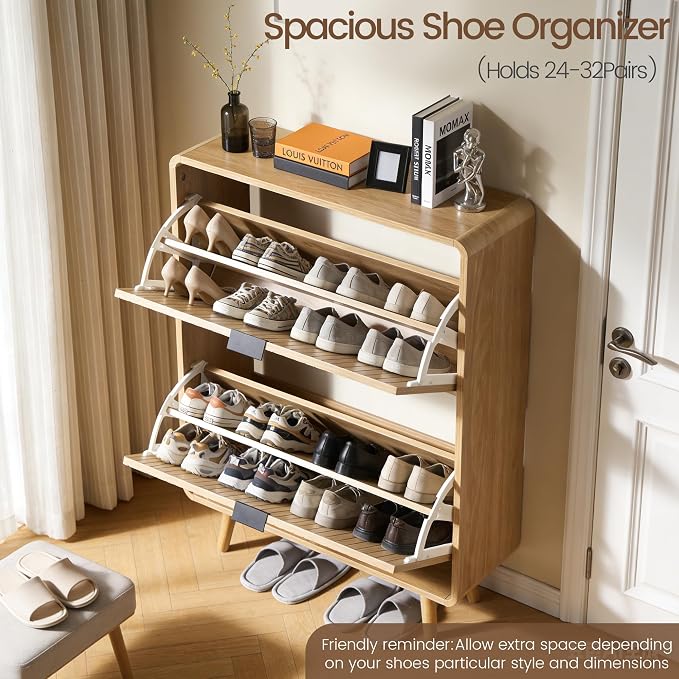 FurSch Fluted Shoe Storage Cabinet with 2 Flip Drawers | Narrow Shoe Rack Cabinet Organizer, Adjustable & Removable Shelves, for Entryway