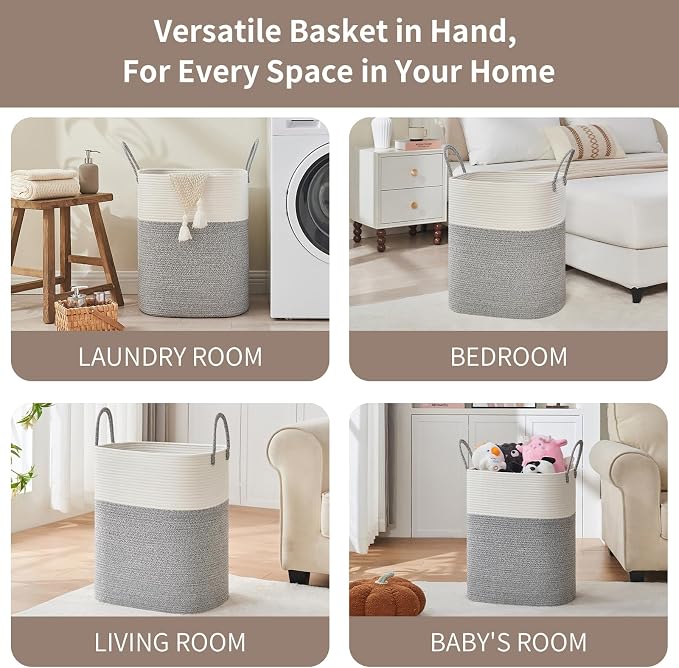 AINUOQI Laundry Basket with Handles - Blanket Basket & Hampers for Bedroom Aesthetic, Laundry Hamper & Blanket Storage for Living Room, Clothes Hamper, Tall,Large 21.7" x 16.9" x 11.8”, Light Grey