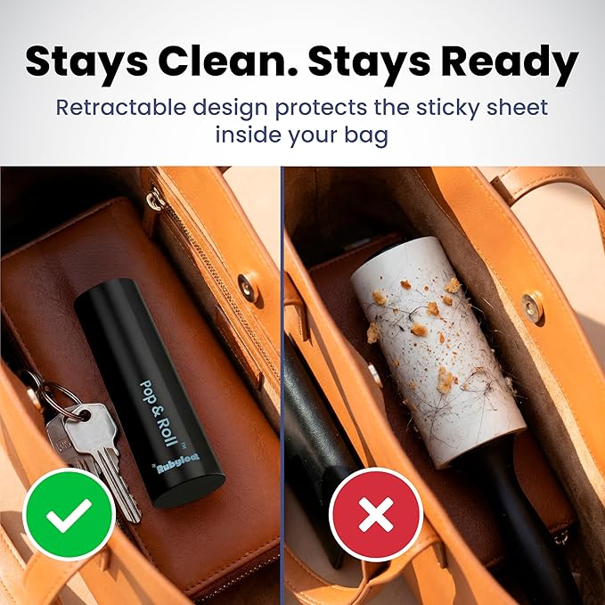 Rubyloo Mini Lint Roller for Pet Hair with 2 Refills – Travel Size Sticky Pet Hair Roller with Retractable Cover – Dog & Cat Hair Remover for Clothes - Travel Essentials for Pet Owners
