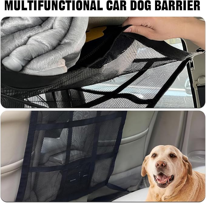 Dog Car Barrier for SUV, Truck, Sedan with A Pet Tie Out Cable | Pet Car Barrier Net With Mesh Organizer Universal Fit for Suv Truck Sedan Includes Tie-Out Cable For Safe Travel