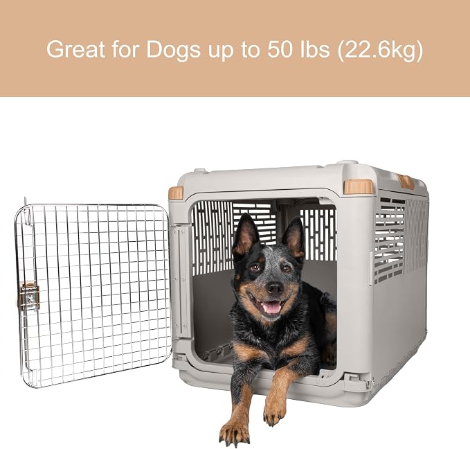 SportPet Designs Collapsible Medium Pet Travel Carrier (Tan), Hard-Sided Kennel for Medium Dogs, Puppies, Cats, Kittens, Animals up to 50lbs, Washable Home & Outdoor Pet Crate, 30.6"L x 22"W x 23.25"H
