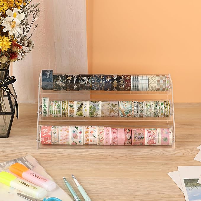 BTSKY 3 Tier Washi Tape Organizer - Clear Plastic Washi Tape Storage Rack, Assembly Washi Tape Storage Holder Washi Tape Dispenser Desk Accessories Display Caddy for Scrapbooking Art Craft Supplies