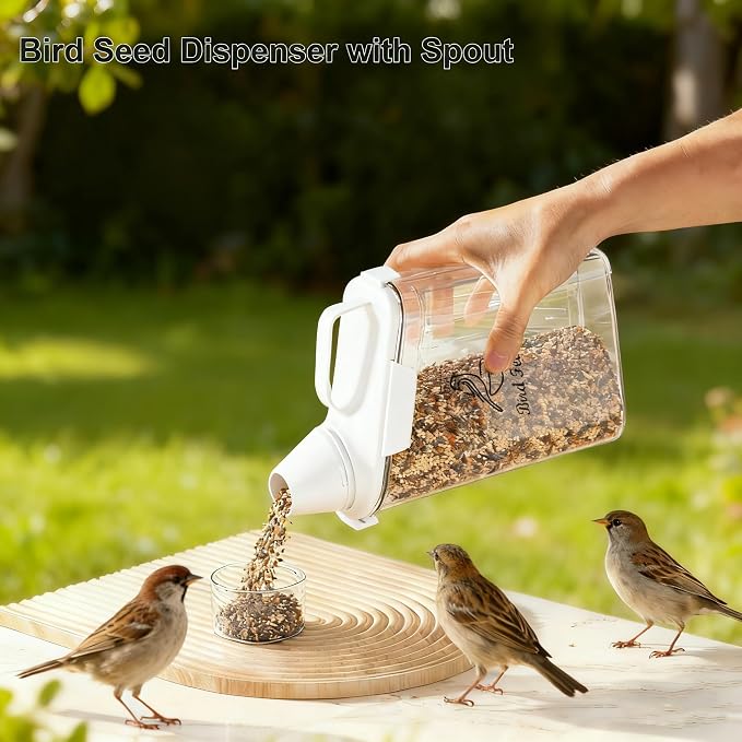 Bird Seed Storage Container Portable-3 Qt/2.8 L Clear Pet Food Container-with Measuring Cup/Lid,Airtight Wild Bird Seed Dispenser for Storing Sunflower Seed|Squirrel proof|BPA Free-White