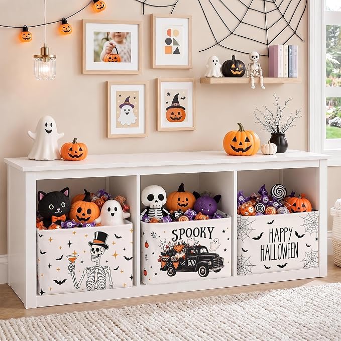 Britimes Happy Halloween Storage Baskets, Spooky Toy Storage Bins Box, 3Pcs | Halloween Skeleton Vintage Canvas Collapsible Baskets Organizer with Handles Nursery Decor Laundry Basket for Shelves Closet