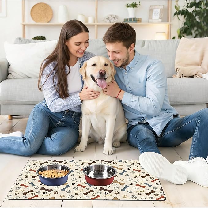 Dog Feeding Mat 30 x 17 Inch, Neutral Paw Bone Woof Dog Placemat Absorbent Quick-Dry for Food and Water, Waterproof Non Slip Rubber Pet Bowl Pad Mat for Floors