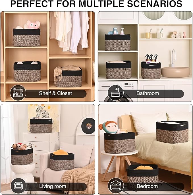 Storage Baskets for Organizing Shelves, Woven Cotton Rope Bins for Organization, Dog Toy Organizer for Shelf Living Room Bedroom, 14.8"×11"×9.5", Pack of 3, Black & Jute