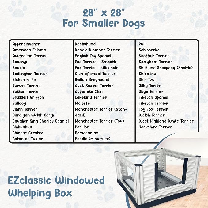 EZclassic Windowed 28x28x18 in Whelping Box with Rails, Gray Pad | Compact 28x28 windowed whelping box with puppy rails, clear viewing walls, waterproof gray pad, and portable tool-free setup