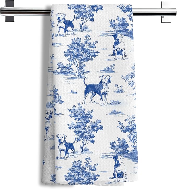Chinoiserie Bull Terrier Kitchen Towels, Blue and White Floral Bull Terrier Decorative Hand Towels, Grandmillennial Botanical Dog Hand Towels for Kitchen Bathroom,Bull Terrier Gifts,16x24 Inch