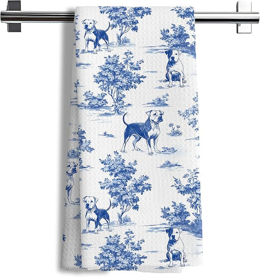 Chinoiserie Bull Terrier Kitchen Towels, Blue and White Floral Bull Terrier Decorative Hand Towels, Grandmillennial Botanical Dog Hand Towels for Kitchen Bathroom,Bull Terrier Gifts,16x24 Inch