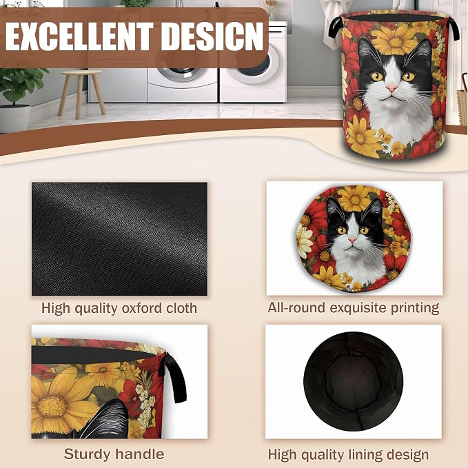 Black White Cat Laundry Basket,Red White Daisies Collapsible Laundry Hamper Waterproof Oxford Cloth With Handles,Clothes Storage Bucket Toy Organizer For Bathroom/Nursery/Bedroom 16" x 20.8"