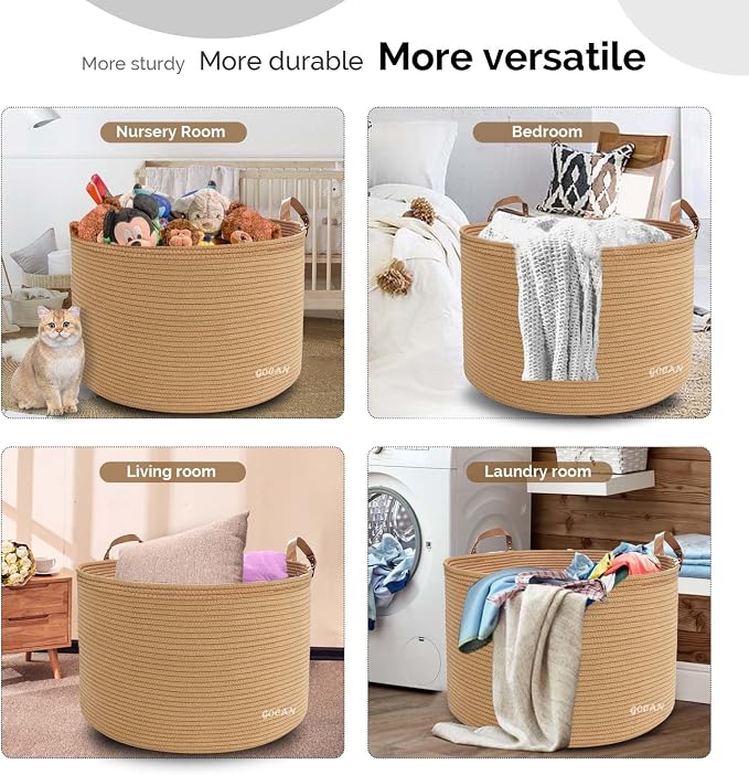 Cotton Rope Woven Laundry Basket 22"X 22"X 14" with handles (Pure Jute)XXXL | Hand-woven, ideal for storing blankets and cushions in the living room, and clothes for household storage.