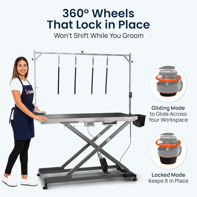 Professional Electric Dog Grooming Table - Heavy Duty | Height Adjustable Pet Grooming Table w/Leveling Wheels, Dog Grooming Arm, Anti-Slip Tabletop & Tool Organizer (Grey, 60")