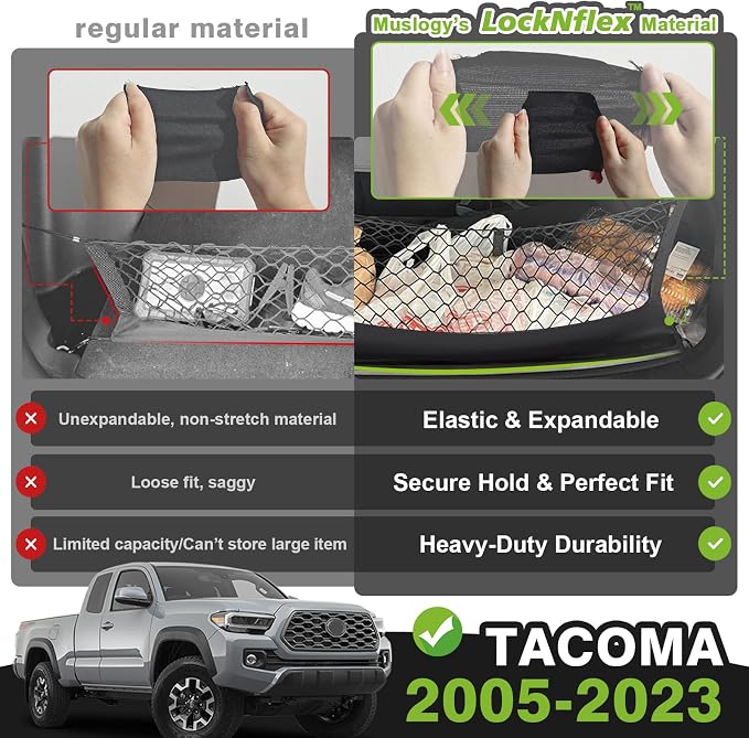 Muslogy Cargo Net for Toyota Tacoma 2005-2022 2023 Accessories | Custom Fit, Truck Bed Storage Organizer Net for Pickup Truck Bed Divider, Heavy Duty Carabiners, Night Visible Grab Handle