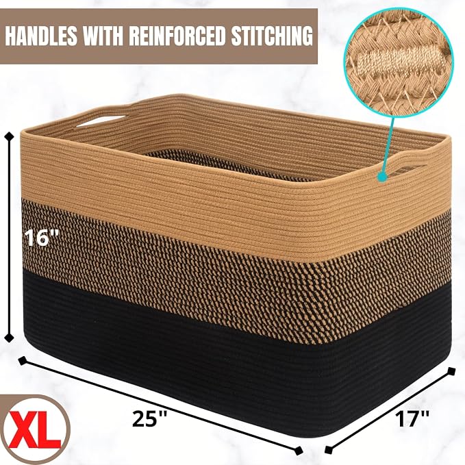 112L Extra Large Blanket Basket Holder Living Room, 25"x17"x16" Rectangle Rope Woven Storage Basket with Handles for Laundry, Pool Towels, Shoes, Dog Toy Organizer Bin Box, Black Jute