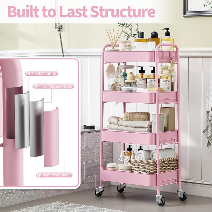 TOOLF 4 Tier Metal Rolling Cart, Utility Storage Cart with Wheels, Pink | Screwless Assembly, Lockable Metal Wheels, Trolley Organizer for Bathroom, Kitchen, Office, Dorm, Laundry, Craft Room