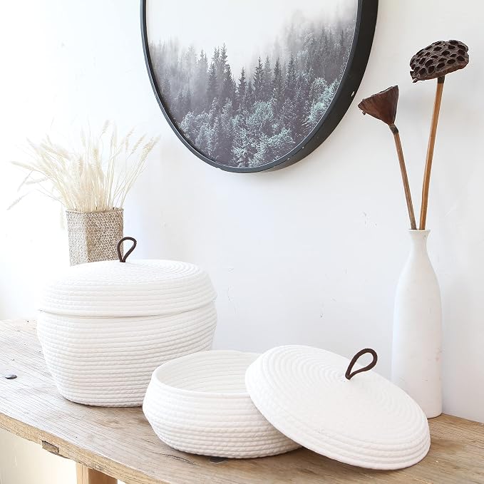 Sea Team Round Woven Cotton Rope Storage Basket with Lid, White | Lidded Knitted Decorative Storage Bin, Pot, Caddy, Organizer, Container for Snacks, Towels, Plants, 13 x 5.5 Inches