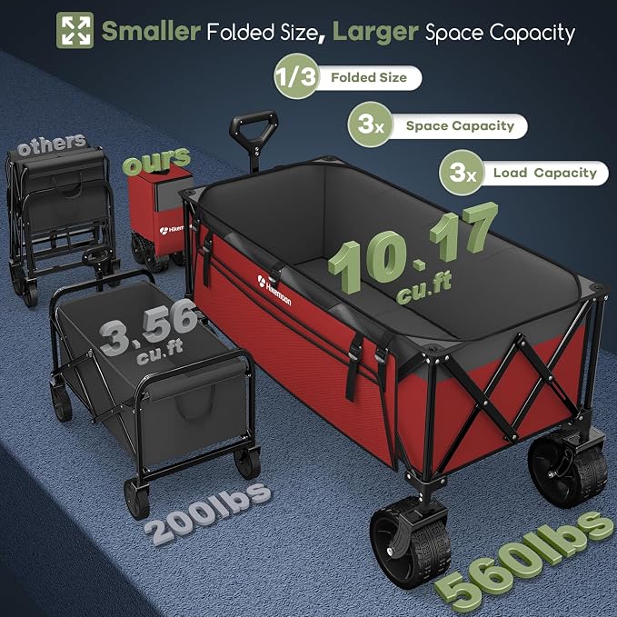 48'' Extra Large Collapsible Wagon, Big Wheels, 300L Blue & Grey | 560LBS Heavy Duty, Wagons Carts Foldable, All-Terrain, Brakes, Folding Cart, Utility for Beach/Camping/Garden/Sports/Grocery