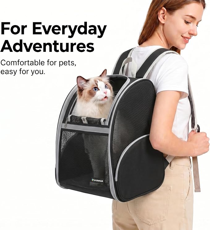 Cat Backpack Carrier for Small Dogs and Medium cat Puppy Kitten Bunny Pet Carrier Backpack Collapsible with Fully Ventilated Mesh with Safety Leash (Black, 12.9" L x 10.62" W x 15.5" H - M)