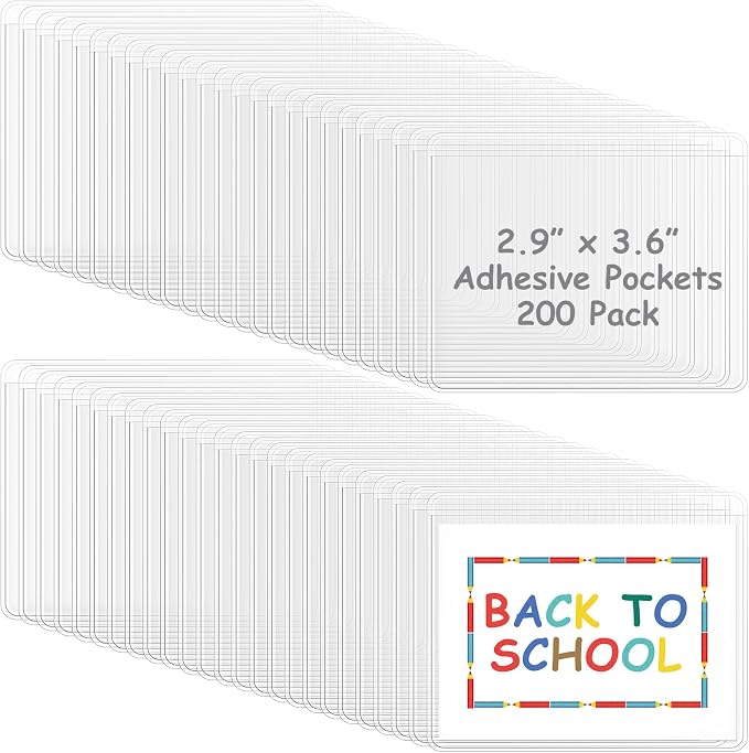 Jeyiour 200 Pcs Label Holders Adhesive Nameplate Pockets Storage Bin Labels Index Card Holder Shelf Plastic Peel Stick for Classroom Supermarket Bookshelf Library Student Box Drawer (2.9 x 3.6 Inch)
