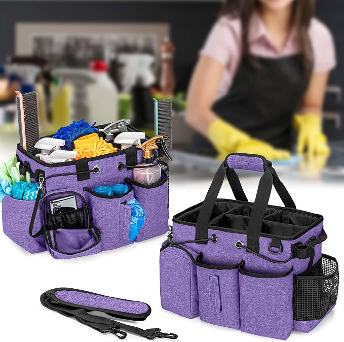 LoDrid Large Professional Cleaning Caddy with Detachable Divider, Purple | Cleaning Supply Organizer with Handle and Shoulder Strap for Housekeepers & Cleaners