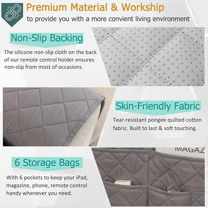 Remote Control Holder for Recliner Non-Slip Armchair Caddy Couch Armrest Organizer, Arm Chair Bedside Caddy Storage Organizer for Recliner Couch With 6 Pockets for Magazine, Tablet, Phone, iPad (Grey)