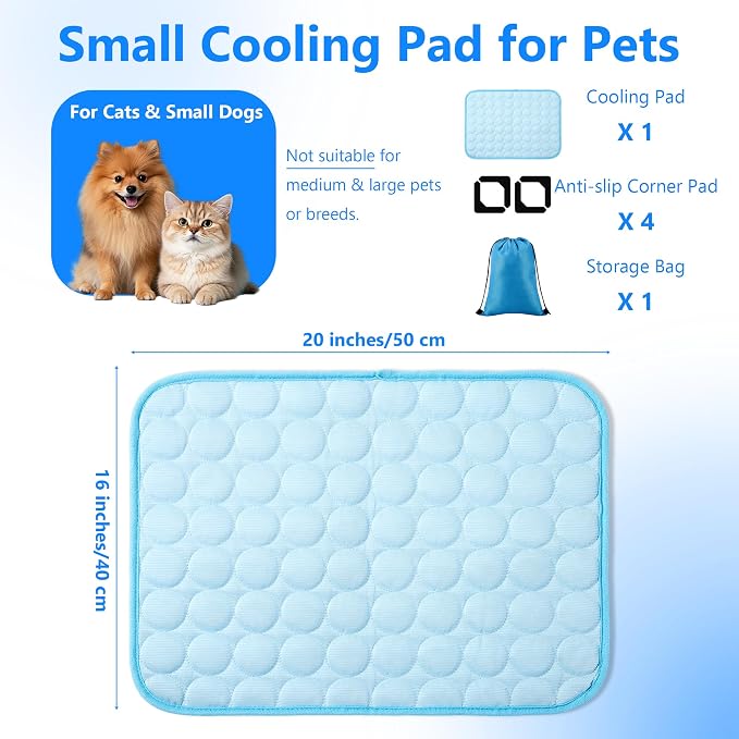 MCEAST Cat Cooling Mat 20" x 16" Self Cooling Pad for Smal Dogs Cats Non-Slip Cool-Chill Mats Summer Pet Blanket with Storage Bag Washable Cool Pet Pad for Floor Sofa Bed Car Travel, Small