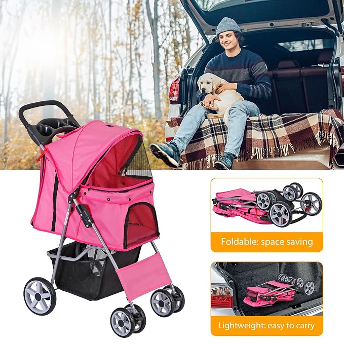 4 Wheels Dog Stroller Folding Pet Strolling Cart for Small Medium Cats Puppies Portable Jogger Travel Camping Puppy Carrier with Storage Basket Cup Holder, Pink