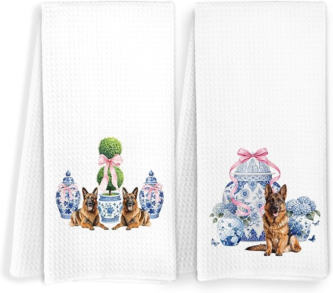 German Shepherd Gifts Kitchen Towels, Blue and White Porcelain Chinoiserie German Shepherd Dish Tea Towels, Grandmillennial Hydrangea Dog Decorative Hand Towel for Bathroom, 16x24 Inch Set of 2