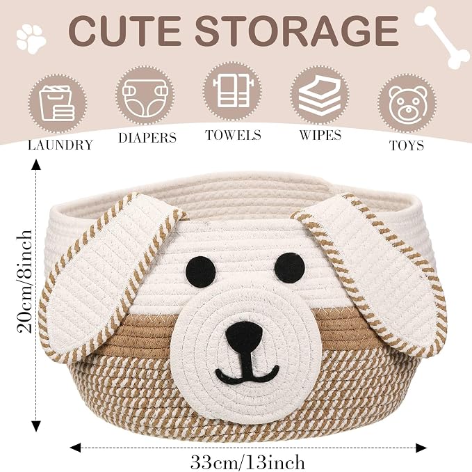 Zopeal Woven Dog Basket with Handle Toy Storage, Khaki, White, 13 x 8 Inch | Pet Gift Basket, Toys Storage Organizer, Cotton Rope Rectangular Bin, Keeps Puppy Items Organized, Sturdy Handles