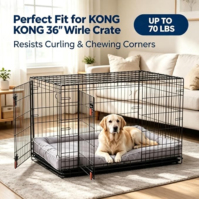 Dog Crate Mat Compatible with Kong, Heavy-Duty Chew-Resistant Crate Pad, Waterproof Oxford Fabric, Non-Slip Bolster Bed, 36" x 22", Gray, Easy to Clean