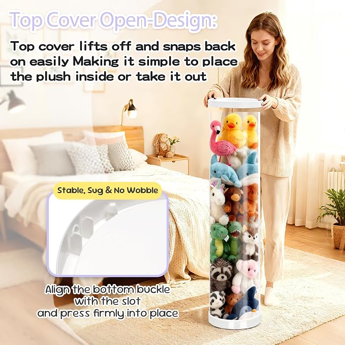 Stuffed Animal Storage Tube, Dust-Resistant 47x11 Inches Large Capacity Toy Storage Organizer with Zipper, Easy Assembly & Space Saving for Plush Toys, Playrooms Living Rooms Bedrooms White