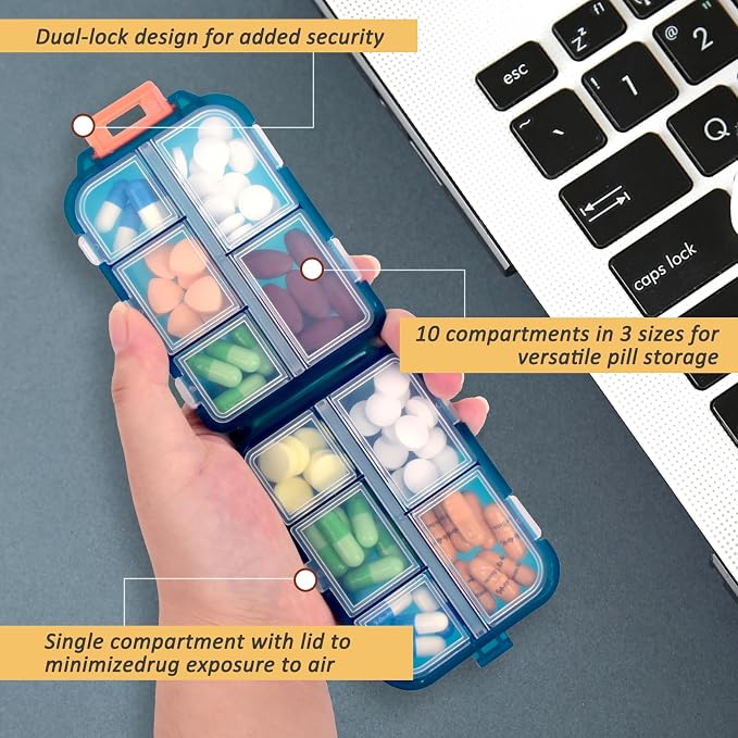 2 Pcs Travel Pill Organizer with Labels, Portable Travel Medicine Daily Pill Container Organizer 7 Day Pill Case Storage Vitamin Fish Oil (Blue & Gray, 320 Medicine Lables)