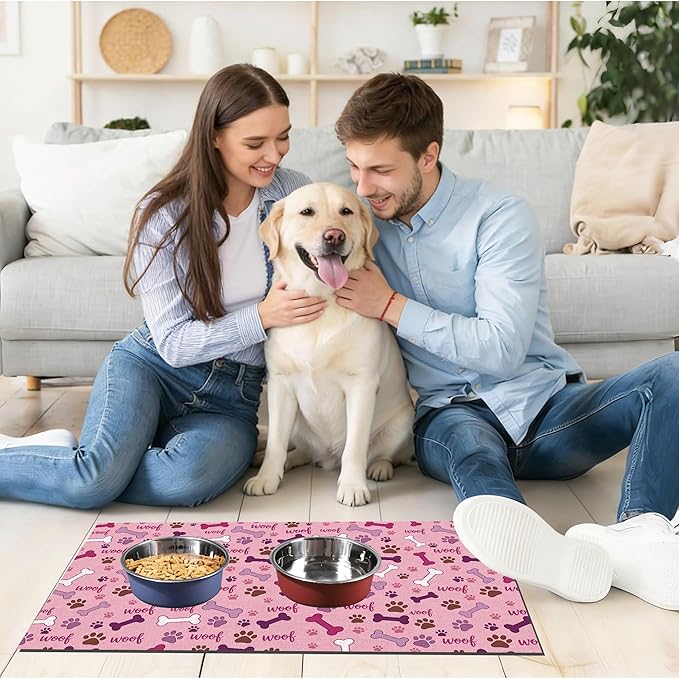Dog Feeding Mat 30 x 17 Inch, Pink Paw Bone Woof Dog Placemat Absorbent Quick-Dry for Food and Water, Waterproof Non Slip Rubber Pet Bowl Pad Mat for Floors