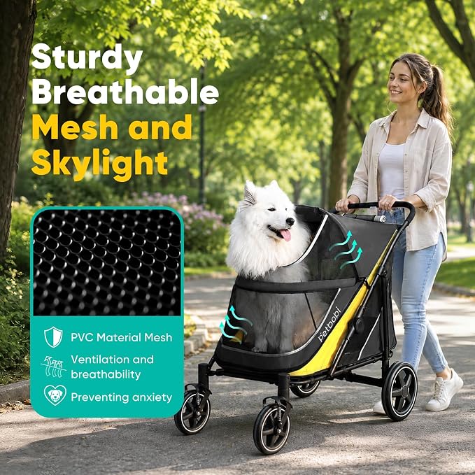 Petbobi Dog Stroller for Large Medium Dogs up to 80 lbs, Dual Entry | One-Hand Fold, One-Foot Brake, All Terrain 360 Swivel Front Wheel, Heavy Duty Air Mesh Wagon, Low Step-In for Senior Pets