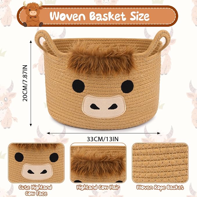 Oval Highland Cute Cow Basket for Nursery, Large Woven Gift Basket | Shelves Rope Cotton Storage Bins for Gifts Empty, Baby Shower Blanket with Handles,Towel Burr Decorative, 13"D x 8"H IN