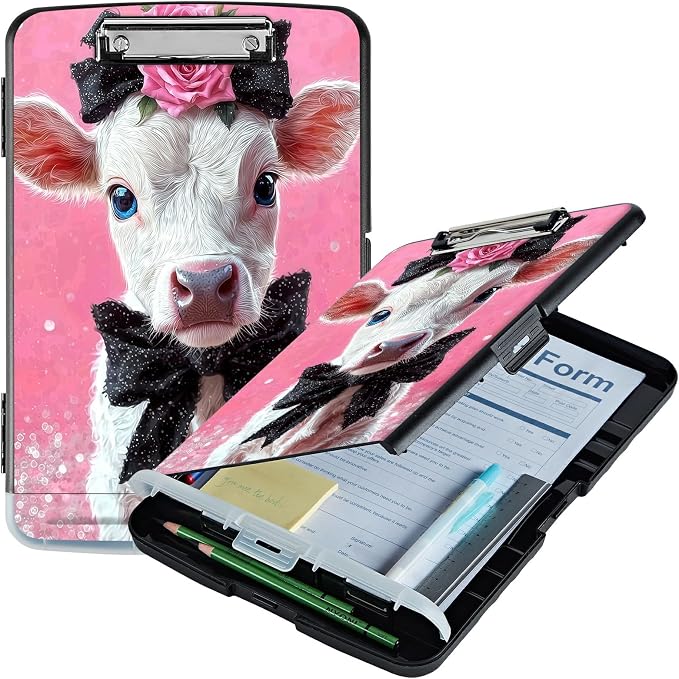 A4 Clipboard with Storage Pen Holder, Clipboards Organizer Nursing Clipboard Foldable File Folder Plastic Clipboard Folio Clip Board for Office Work Classroom Doctor, Pink Flower White Cow