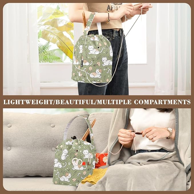 Fustylead Simple Cute Cats and Flower Leaves Crochet Drawstring Organizer, Large Yarn Bag Storage Tote Basket for Crocheting On The Go, Kit Holder, Gift for Knitter, Crochet Beginner